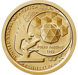 // 1 dollár, USA, 2019 // - Az Amerikai újítók érmesorozat olyan találmányokat és tudósokat mutat be, melyek nagy hatással vannak az emberiségre. Pennsylvania érméje a gyermekbénulás elleni védőoltás előtt tiszteleg. Ez a súlyos betegség a védőoltás hatás