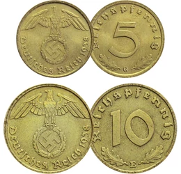 2x1, 2, 2x5, 2x10, 2x50 pfennig, 1, 2, 5 márka, Harmadik Birodalom, 1933-1945