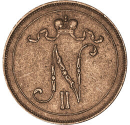 10 pennia, II. Miklós monogramja, korona, Cu, 12,8 g, Finnország, 1914-1917