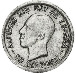 50 centimo, XIII. Alfonz, , Ag 835, 2,5 g, Spanyolország, 1926
