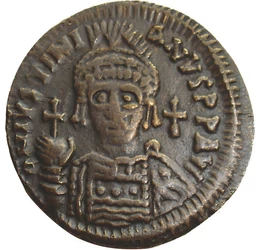 follis, utánveret, I. Justinianus, CuZn, 3 g, Bizánci Birodalom
