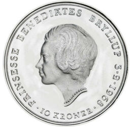 10 korona, Benedikta hercegnő, , dátum, Ag 800, 20,5 g, Dánia, 1968