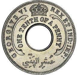 1/10 penny, Lyukas érme, hexagram, , CuNi, 1,9 g, Brit Nyugat-Afrika, 1938-1947