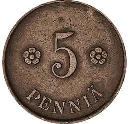 5 pennia, Címer, , rózsák, Cu, 2,5 g, Finnország, 1918