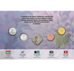 Virágos érmék a nagyvilágból, 2 forint, 1 won, 15 cent, 5 cent, 10 cent, Magyarország, Dél-Korea, Bahamák, Szváziföld, Hongkong, 0