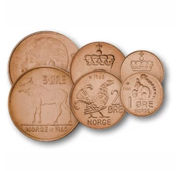 A jólét kezdete, 1, 2, 5, 10, 25, 50 öre, 1 korona, Norvégia, 1958-1973