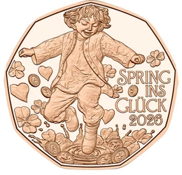 5 euró, Pocsolyába ugró gyerek, szívek, lóherék, CuNi, 7,78 g, Ausztria, 2026