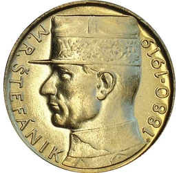 10 korona, Milan Rastislav Štefánik, 1880-1919, CuNi+Au, 7,7 g, Csehszlovák Szövetségi Köztársaság, 1991-1993