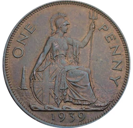 Nagy birodalom értékes váltópénze, 1 penny, Nagy-Britannia, 1937-1948