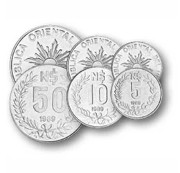 Az inflációs pénzváltás, amit meg kellett ismételni, 5, 10, 50, 100, 200, 500 új peso, Uruguay, 1989