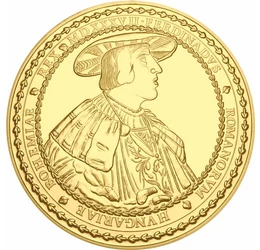 15 dukát, I. Ferdinánd jubileumi aranyérme, színarannyal bevont rézötvözet, eredeti érme: Magyar királyság, eredeti érme: 1537, 10. koronázási évforduló