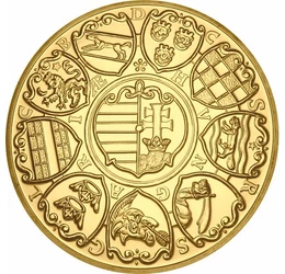 eredeti érme: 6 dukát, II. Mátyás koronázási emlékérem, színarannyal bevont rézötvözet, eredeti érme: Magyar királyság, eredeti érme: 1608