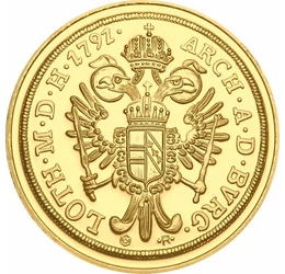 dukát, utánveret, II. Lipót birodalmi dukátja, aranyozott Ag 333, eredeti érme: Magyar királyság, eredeti érme: 1791