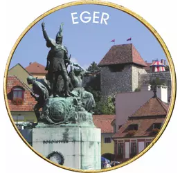 // 1 euró, Eger - a legnevezetesebb történelmi város, egyedi színes érme, CuNi, Európai Unió, 2002-2023 // Eger az egyik legdinamikusabban fejlődő város, jelentős oktatási és kulturális központ, az egri borvidék központja. Itt található hazánk harmadik le