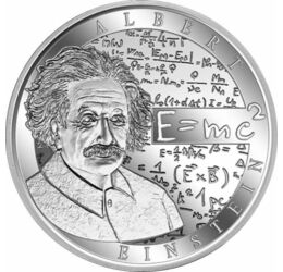 // Albert Einstein, 10 euró, ezüst, Belgium, 2016 // - 1915 végén egy előadásában fejtette ki Einstein az általános relativitáselméletet. 1916-tól mindenki az új elmélet igazolásáért vagy cáfolatáért dolgozott. Az ezüstérmén a világ legismertebb egyenlete