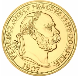 // 100 korona utánveret érem, 100 korona - a koronázás 40. évfordulójára, aranyozott rézötvözet, eredeti érme: Osztrák-Magyar Monarchia, eredeti érme: 1907 // Ferenc Józsefet 1867. június 8-án koronázták magyar királlyá a Mátyás-templomban. A kiegyezést k