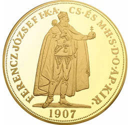 // 100 korona utánveret érem, 100 korona - a legnagyobb névérétkű aranykorona, aranyozott rézötvözet, eredeti érem: Osztrák-Magyar Monarchia, eredeti érme: 1907-1908 // A koronázási jubileumi érme megteremtette az igényt a legnagyobb névértékű aranykorona