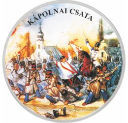 // érem, Szabadságharc - Kápolnai csata, festett ezüstözött érem, festett, ezüstözött, ,  // Az 1848 decemberében induló téli hadjárat során a magyar hadak fokozatos visszavonulásra kényszerültek. Kápolnánál vereséget szenvedtünk, ennek hatására adta ki F