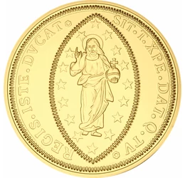 // eredeti érme: 50 zecchino, A velencei dózse Jézus előtt hódol, színarannyal bevont rézötvözet, eredeti érme: Velencei köztársaság, eredeti érme: 1763-1778 // Az eredeti aranypénz IV. Mocenigo velencei dózse aranya volt, rajta a hagyományos ábrázolás, m