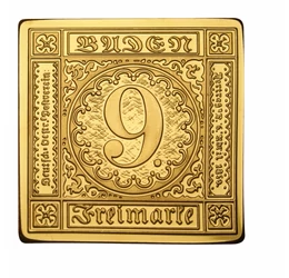 Baden, 9 krajcár, 1851, bélyegérem, aranyozott