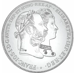 // két gulden utánveret érem, Királyi esküvő - ezüst két gulden utánveret, ezüstözött rézötvözet, eredeti érme: Osztrák Császárság, eredeti érme: 1854 // 25 évvel később a császár és a császárné megünnepelte ezüstlakodalmát. A jeles alkalomból az uralkodó