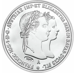 // két gulden utánveret érem, Királyi esküvő - ezüst két gulden utánveret, ezüstözött rézötvözet, eredeti érme: Osztrák Császárság, eredeti érme: 1854 // Ferenc József császár 1853-ban ismerte meg Erzsébet hercegnőt, és rá egy évre eljegyezte, majd ugyana