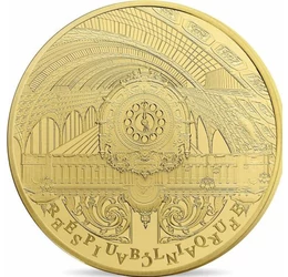 // 5 euró, 999-es arany, Franciaország, 2016 // - Párizs UNESCO örökség helyszíneit bemutató színarany érmék utolsó darabja. A korábbi pályaudvarból kialakított Musée d&#039;Orsay kupolacsarnoka és tükrözve az 1900-as világkiállításra épített Petit Palace jele