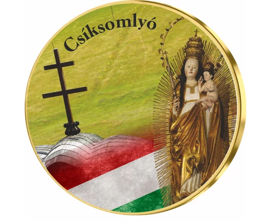 // színes emlékérem, Csíksomlyó emlékérem, , ,  // Egyedi színes érem a világhíres Csíksomlyói zarándokhelyről, ahova tavaly, Ferenc pápa is ellátogatott és egy aranyrózsával ajándékozta meg a Csíksomlyói Szűzanyát. Immár több évtizede, Pünkösdkor, a csík
