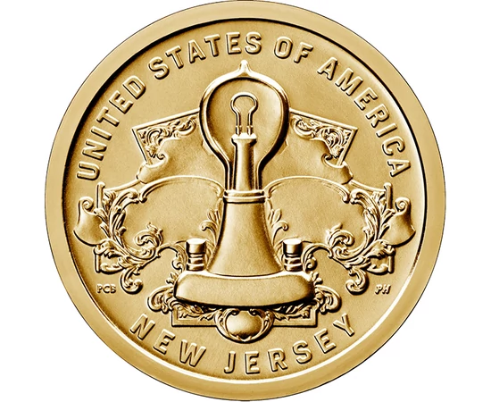 // 1 dollár, USA, 2019 // - Edison találmánya a villanykörte minden háztartásba eljuttatta a biztonságos és egyszerűen használható fényt! Ez a találmány megváltoztatta az emberiség életét. Az Amerikai újítók érmesorozat részeként New Jersey állam emlékezi