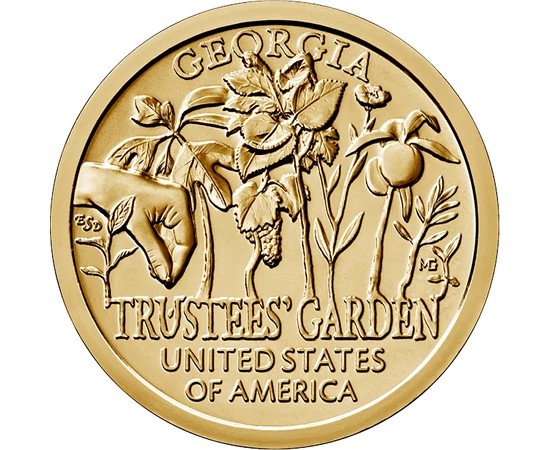 // 1 dollár, USA, 2019 // - Az amerikai újítók előtt tisztelgő érmesorozat tavaly megjelent utolsó kibocsátása Georgia állam újítását mutatja be, az 1730-ban létrehozott Trustees Kertet. A kert nemcsak botanikai, hanem mezőgazdasági szempontból is fontos