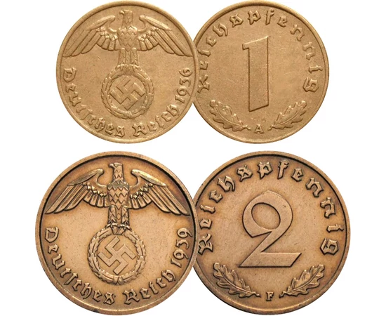 // 2x1  2  2x5  2x10  2x50 pfennig  1  2  5 márka  Harmadik Birodalom  1933-1945