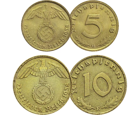 2x1, 2, 2x5, 2x10, 2x50 pfennig, 1, 2, 5 márka, Harmadik Birodalom, 1933-1945