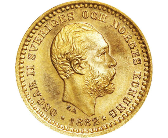 5 korona, II. Oszkár, , Au 900, 2,24 g, Svédország, 1881-1901