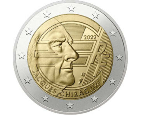 2 euró, Jacques Chirac, euró jel, , CuNi, 8,52 g, Franciaország, 2022