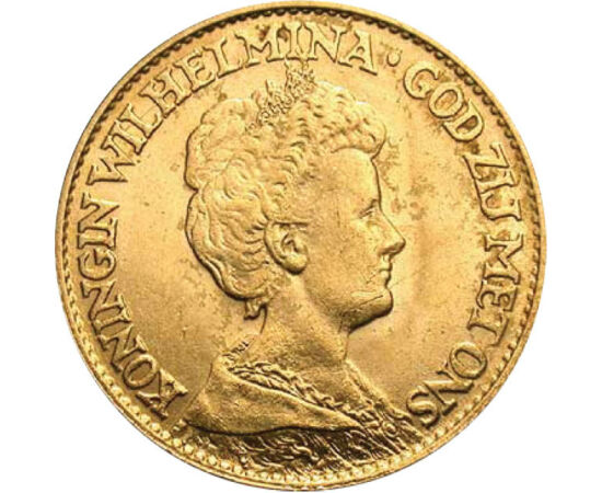  10 gulden, Wilhelmina, fiatal, arany, Hollandia