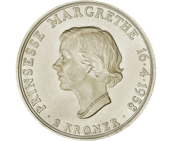 2 korona, Margit portréja, , dátum, Ag 800, 15 g, Dánia, 1958