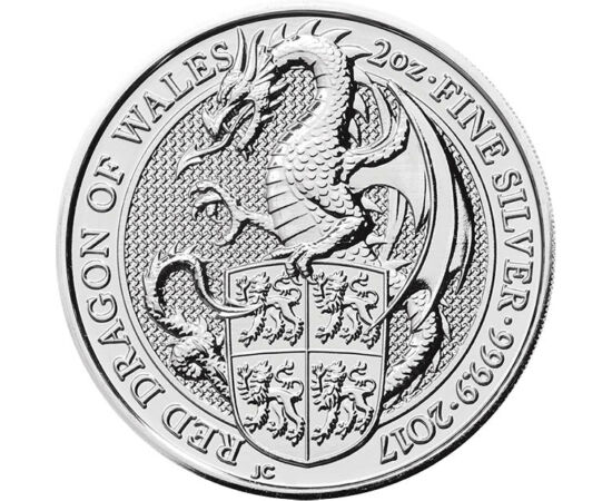 5 font, Sárkány, címerpajzs, , színsúly, Ag 999, 62,2 g, Nagy-Britannia, 2017
