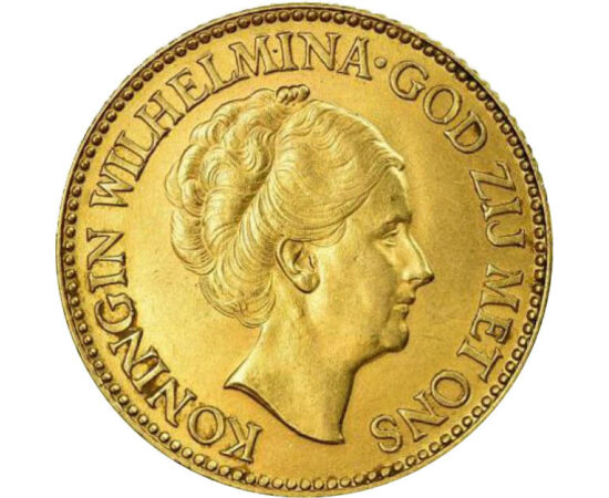  10 gulden, arany, Wilhelmina, idős, Hollandia