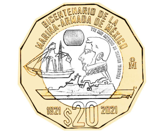 20 peso, Miranda hadnagy, hajók, , , CuNi, 12,67 g, Mexikó, 2021