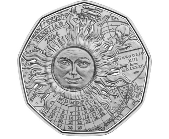 5 euró, Nap ábrázolás, naptár, , Ag 925, 7,779 g, Ausztria, 2024