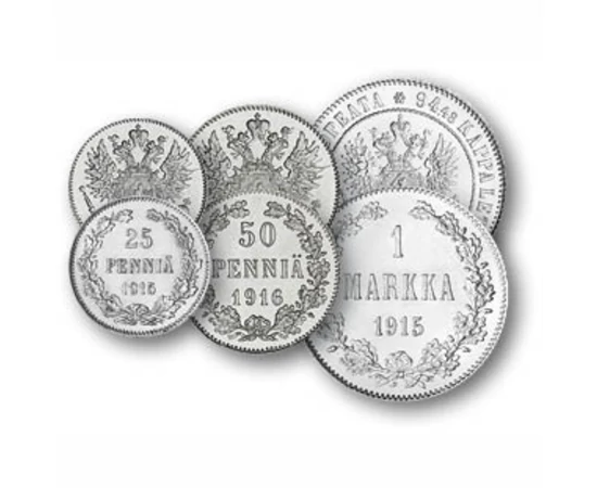 1, 5, 10, 25, 50 penni, 1 márka, , 0, 0, Finnország, 1895-1917