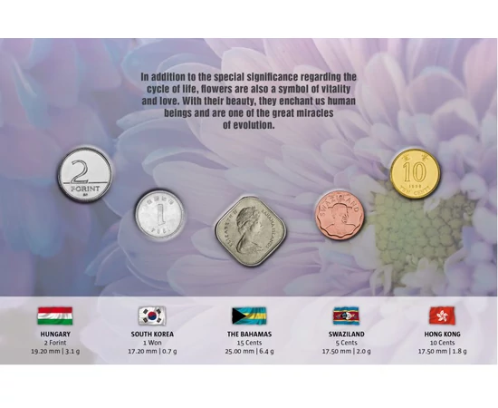 2 forint, 1 won, 15 cent, 5 cent, 10 cent, , 0, 0, Magyarország, Dél-Korea, Bahamák, Szváziföld, Hongkong, 0