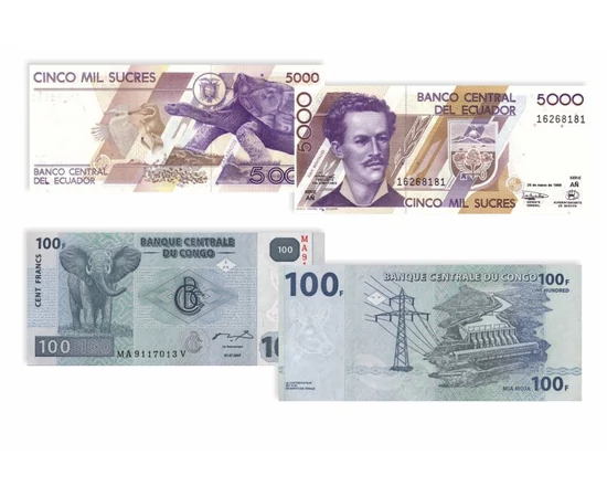 különböző bankjegyek, , 0, 0, Equador, Kongó, Szerbia, Szudán, Taiföld, 