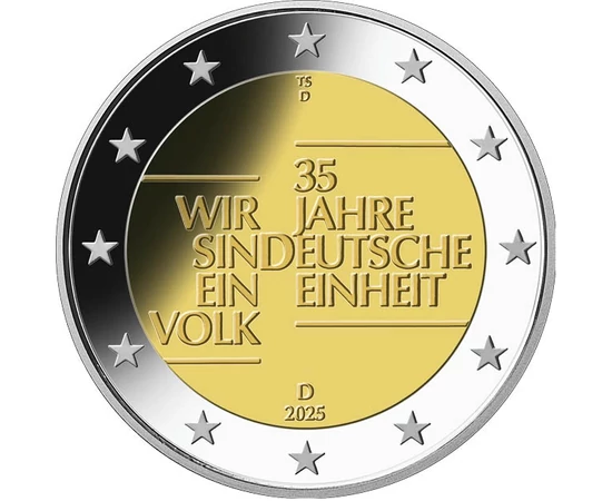 2 euró, Stilizált berlini fal, benne 35. évforullója a német egységnek, CuNi, 8,5 g, Németország, 2025
