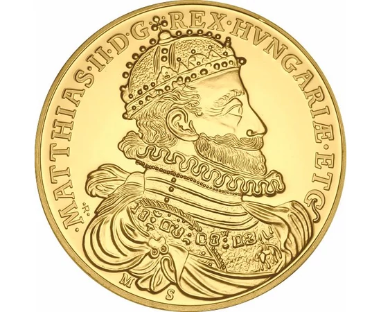 eredeti érme: 6 dukát, II. Mátyás koronázási emlékérem, színarannyal bevont rézötvözet, eredeti érme: Magyar királyság, eredeti érme: 1608