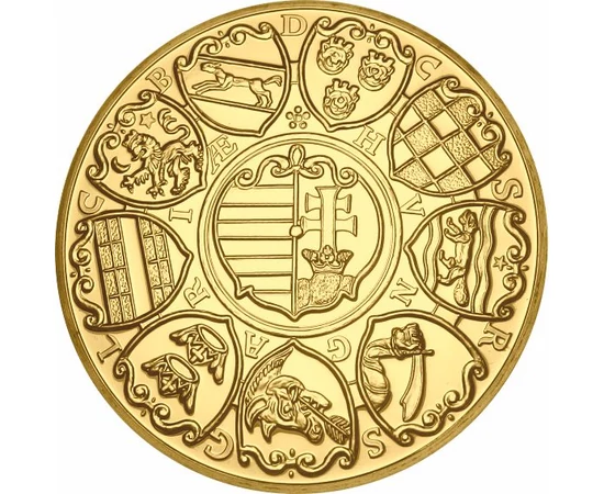 eredeti érme: 6 dukát, II. Mátyás koronázási emlékérem, színarannyal bevont rézötvözet, eredeti érme: Magyar királyság, eredeti érme: 1608