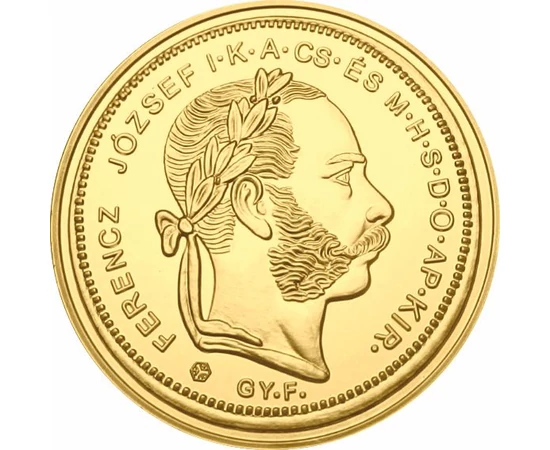 eredeti érme: 8 forint / 20 frank, Ferenc József reform aranypénze, aranyozott Ag 333, eredeti érme: Magyar királyság, eredeti érme: 1870