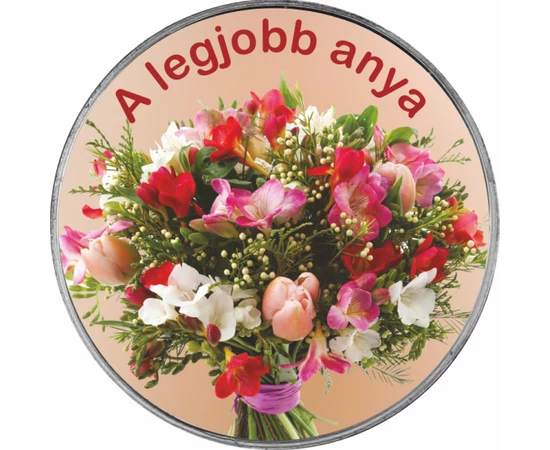 Édesanyák köszöntése alkalmi éremmel - frézia csokor - színezett érem - díszcsomagolásban