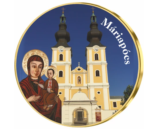 // színes emlékérem, Máriapócs emlékérem, , ,  // A legrégebbi és legismertebb csodatévő helyek a Mária-kegyhelyek. A történelmi Magyarország területén több ilyen hely található, ahol kápolnát és templomot emeltek, viszont a legnagyobb tisztelet azt a Már