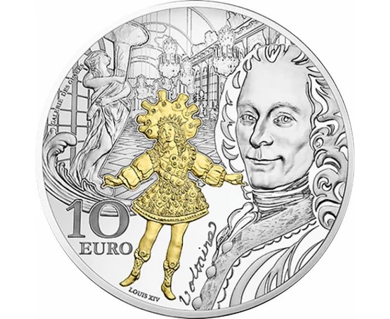 // 10 euró, Barokk és rokokó, 10 euró, ezüst és részaranyozott érme, 900-as ezüst, részaranyozott, Franciaország, 2018 // Voltaire, eredeti nevén François-Marie Arouet, Párizsban született és egész életében a felvilágosodás szószólója volt. A 18. század, 
